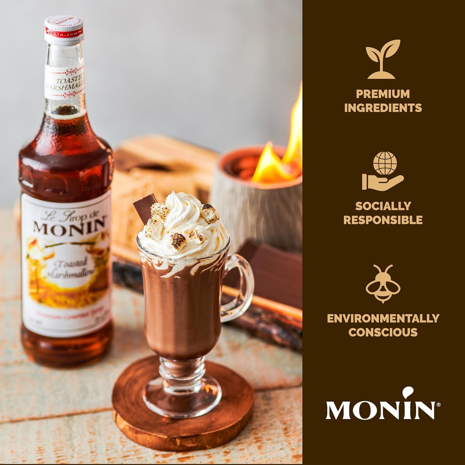 Monin Toasted Marshmallow Syrup latte setup for a warm drink experience.