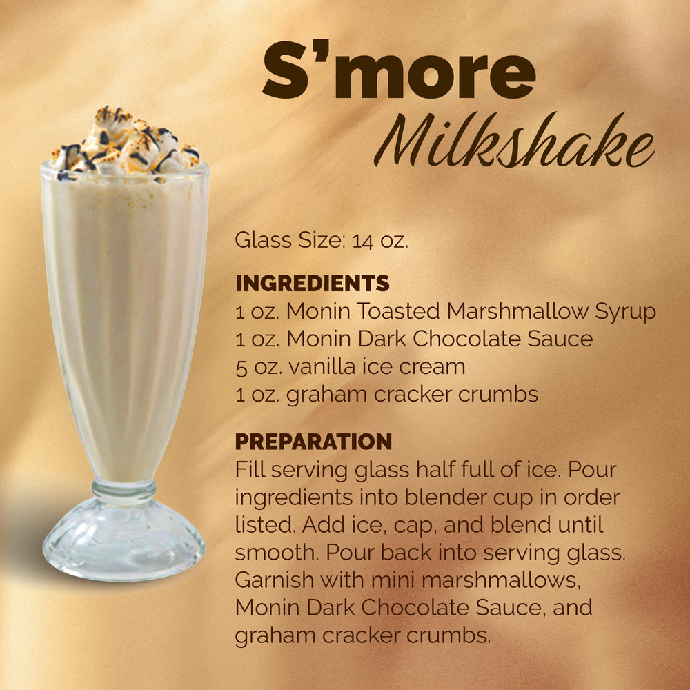 Packaging and label of Monin Toasted Marshmallow Syrup highlighting gluten-free and non-GMO features.