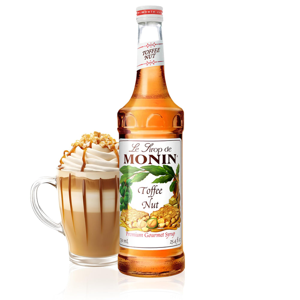 Monin Toffee Nut Syrup bottle enhances beverages with buttery toffee flavor.