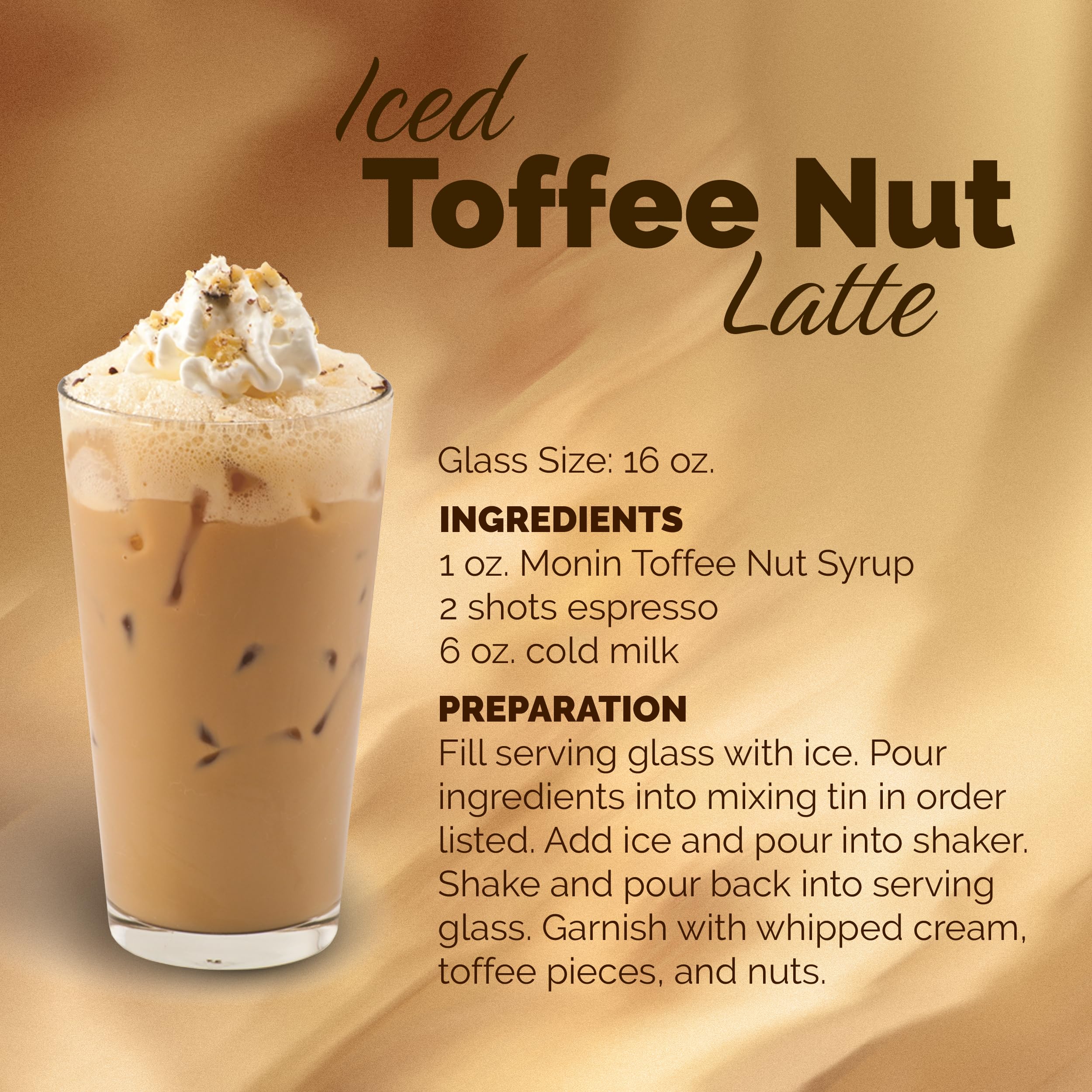 Monin Toffee Nut Syrup label emphasizes gluten-free and non-GMO ingredients.