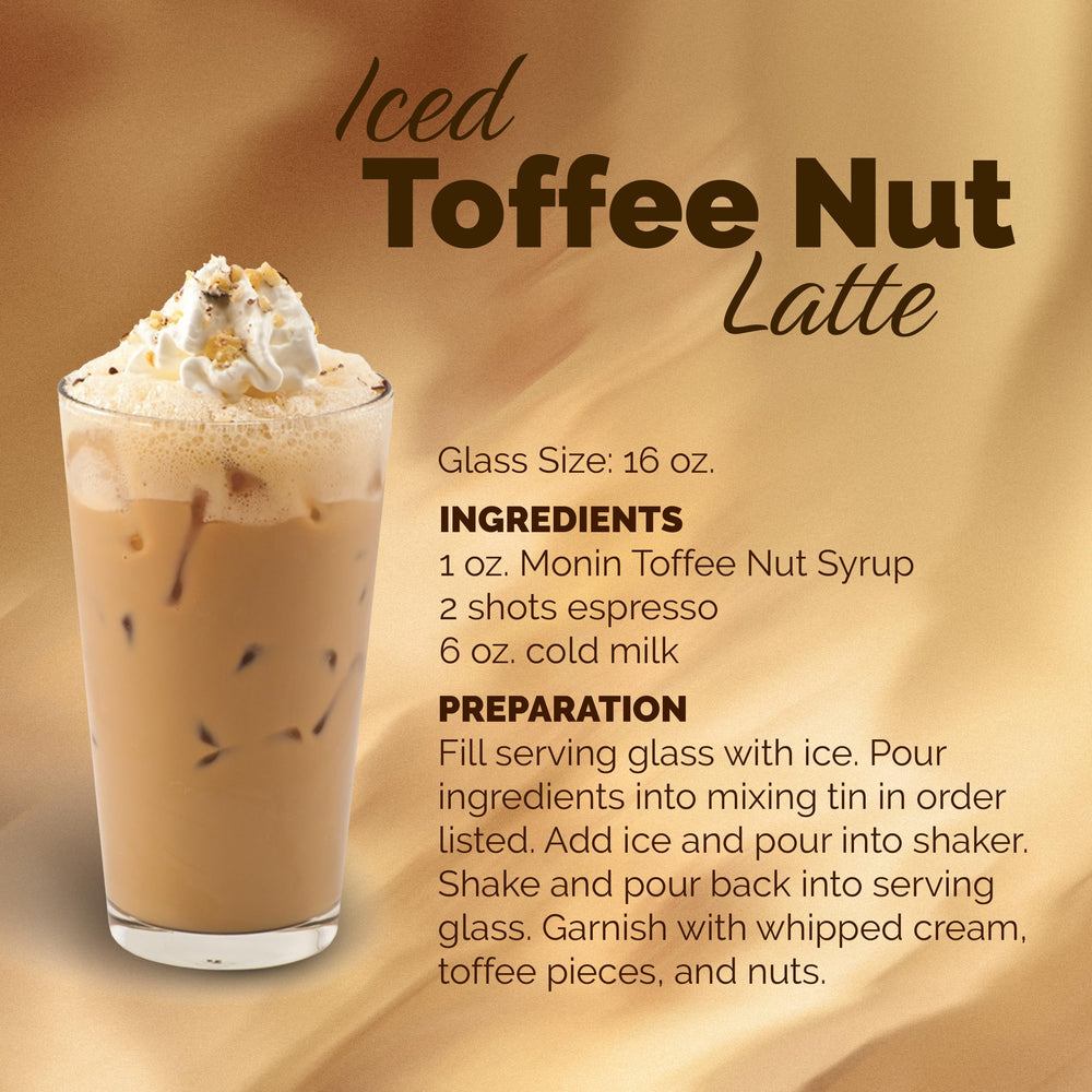 Monin Toffee Nut Syrup label emphasizes gluten-free and non-GMO ingredients.