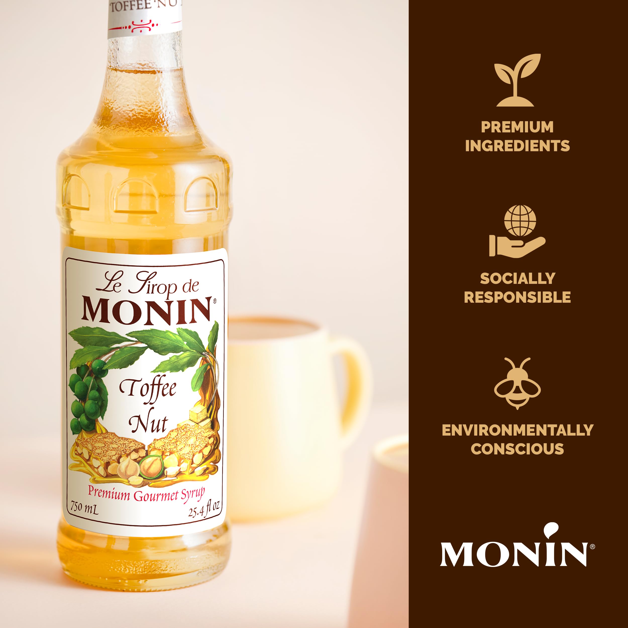 Monin Toffee Nut Syrup in a mocha latte in a tall glass showing creamy richness