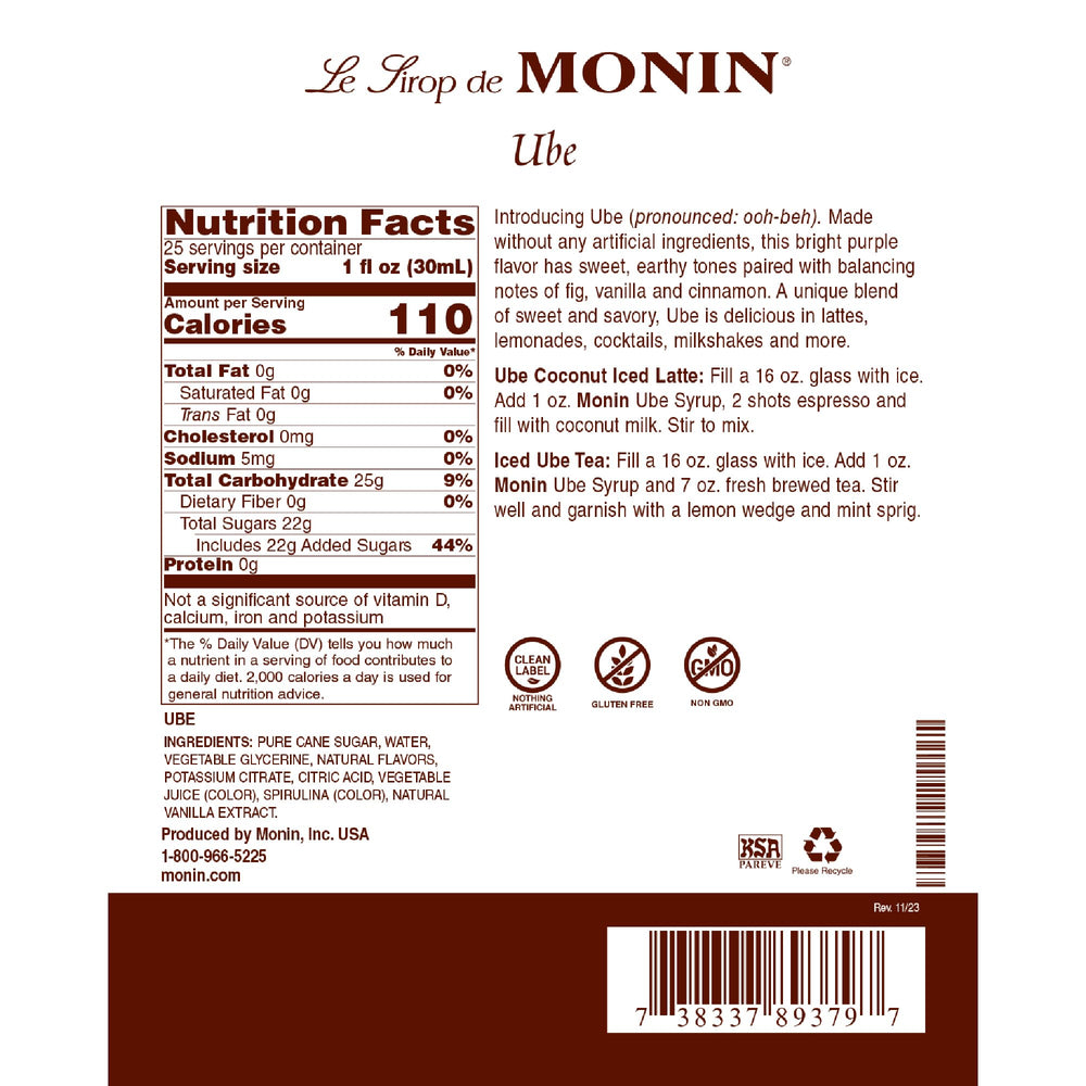 Monin Ube Blend Syrup being poured to showcase rich aroma and texture in drinks.