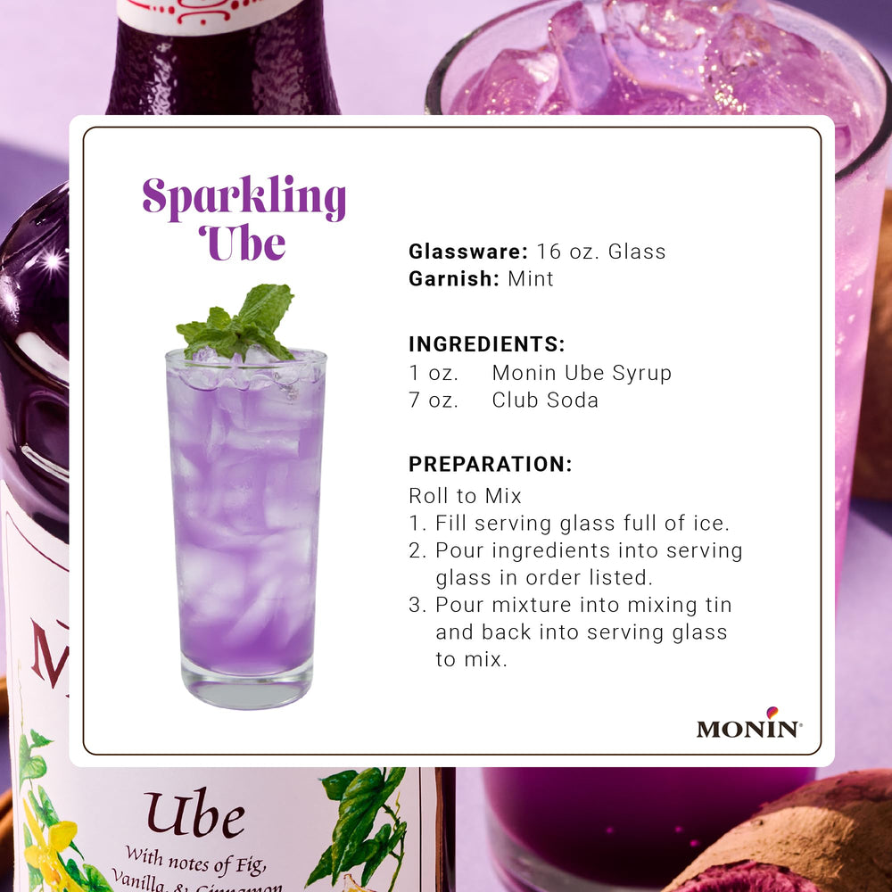 Monin Ube Blend Syrup adds color to lemonade for vibrant visuals.