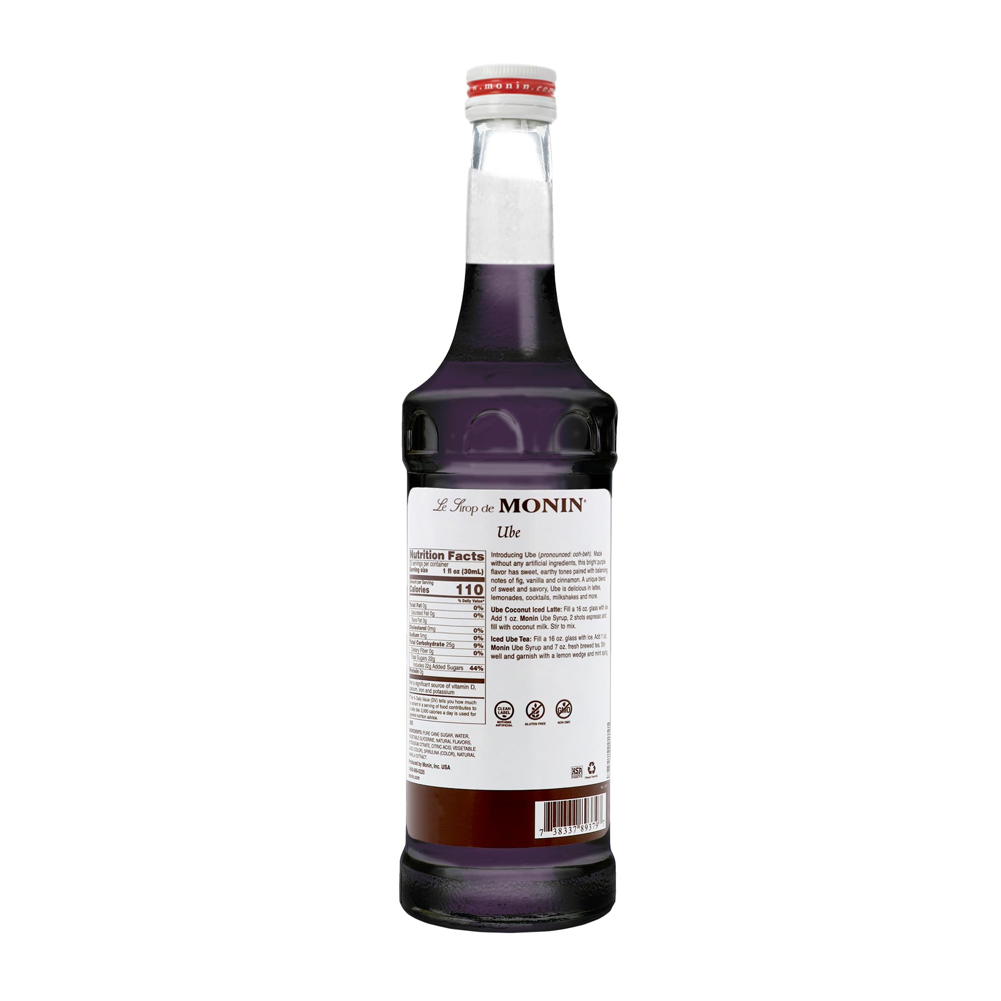 Monin Ube Blend Syrup ingredients highlight fig, vanilla, and cinnamon flavors.