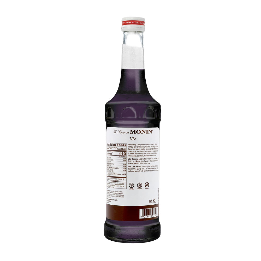 Monin Ube Blend Syrup ingredients highlight fig, vanilla, and cinnamon flavors.