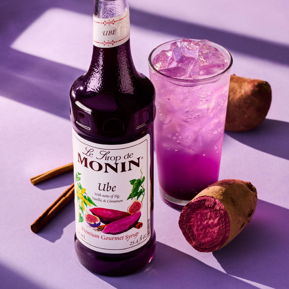 Monin Ube Blend Syrup eco-conscious packaging emphasizing sustainable practices.