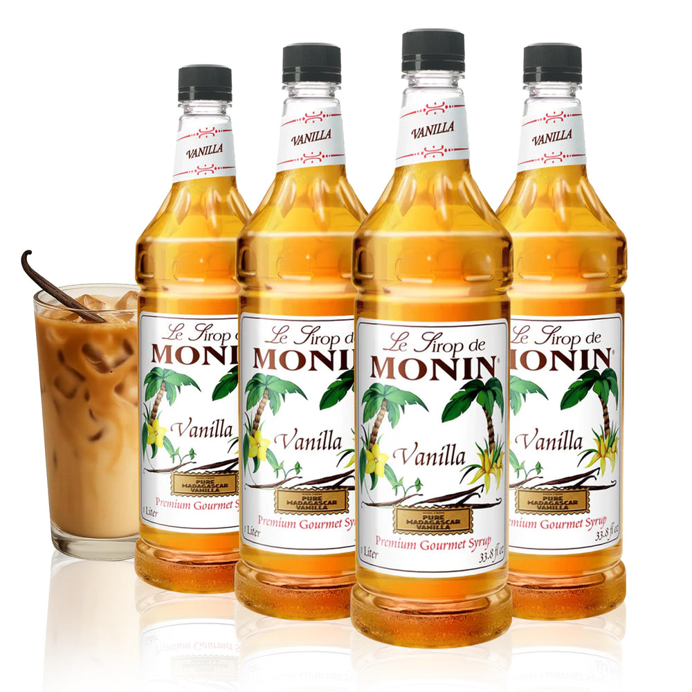Monin Vanilla Syrup bottle close-up highlighting Madagascar vanilla aroma for coffee.