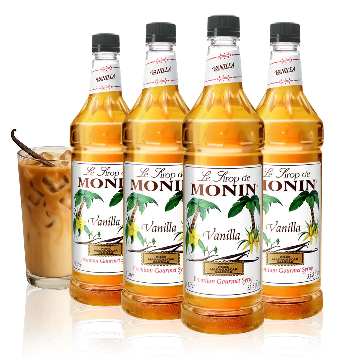 Monin Vanilla Syrup bottle close-up highlighting Madagascar vanilla aroma for coffee.