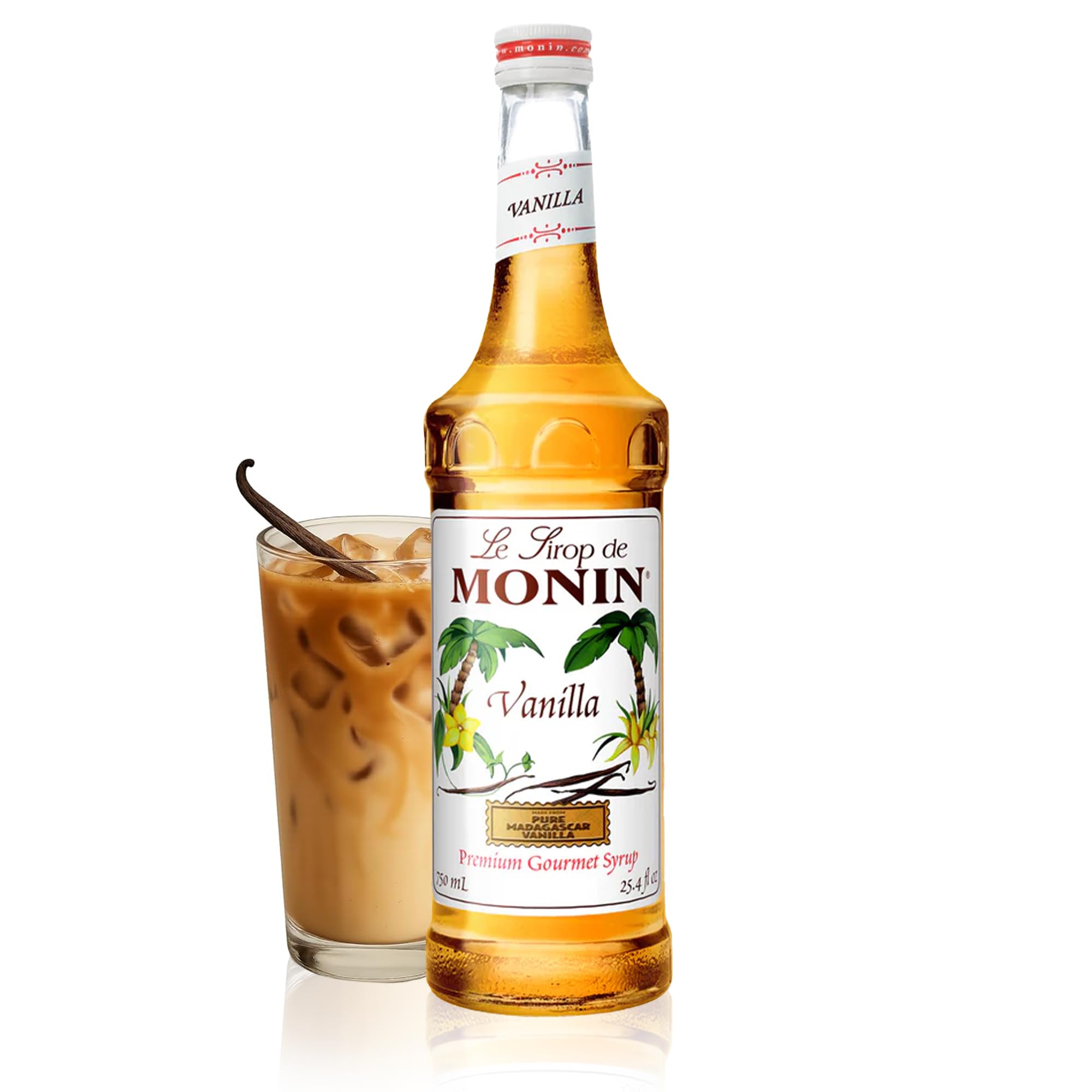 Monin Vanilla Syrup bottle front view, premium Madagascar vanilla for coffee and lattes.