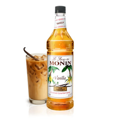 Monin Vanilla Syrup bottle label with Madagascar vanilla for premium flavor in drinks.