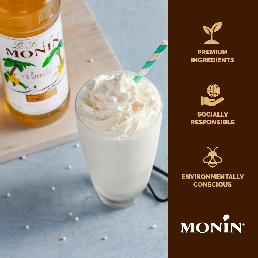 Monin Vanilla Syrup label emphasizes clean, natural ingredients.