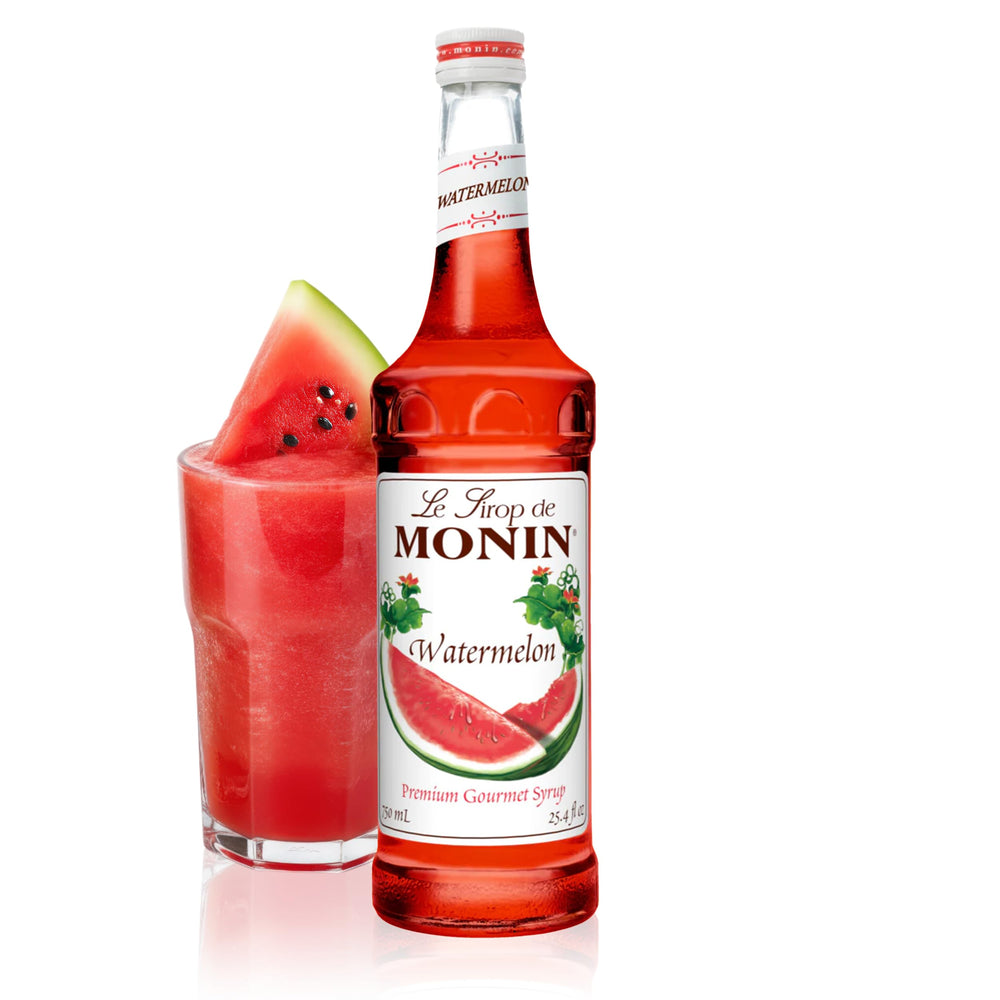 Monin Watermelon Syrup bottle ready for refreshing beverages and cocktails.