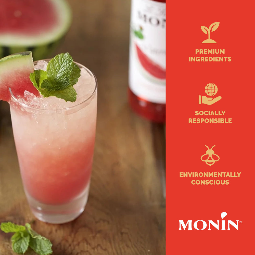 Monin Watermelon Syrup in a sparkling soda or cocktail setup.