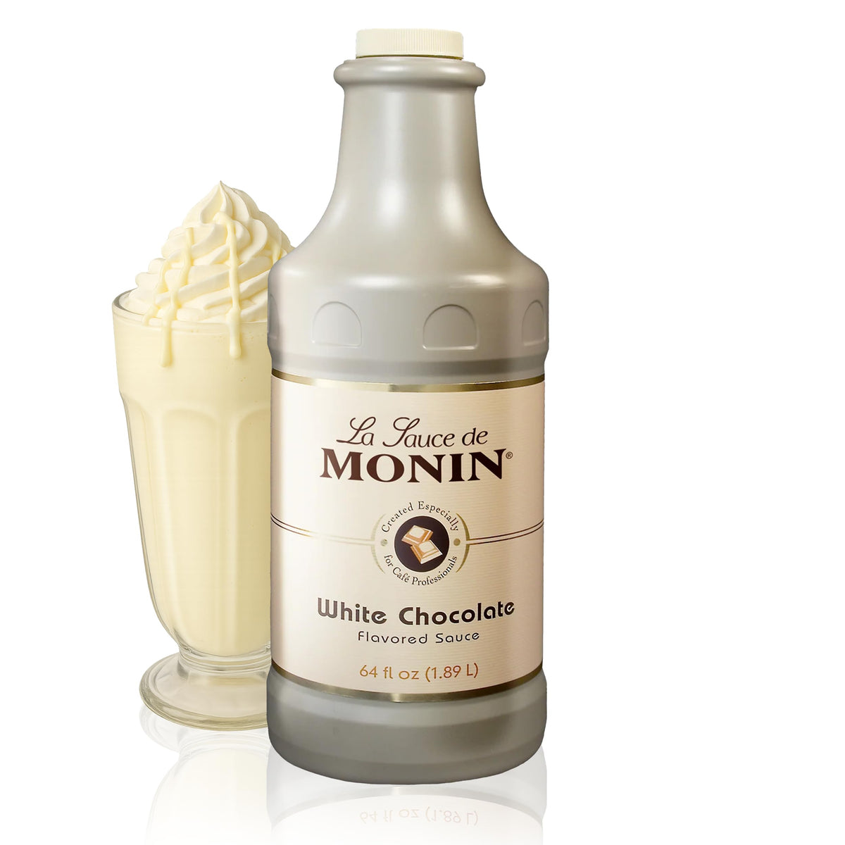 Monin White Chocolate Sauce bottle pour enhances coffee with creamy, indulgent notes.