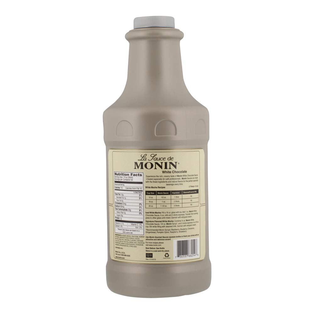 Monin White Chocolate Sauce coffee latte visual shows rich drizzle for cafe-worthy drinks.