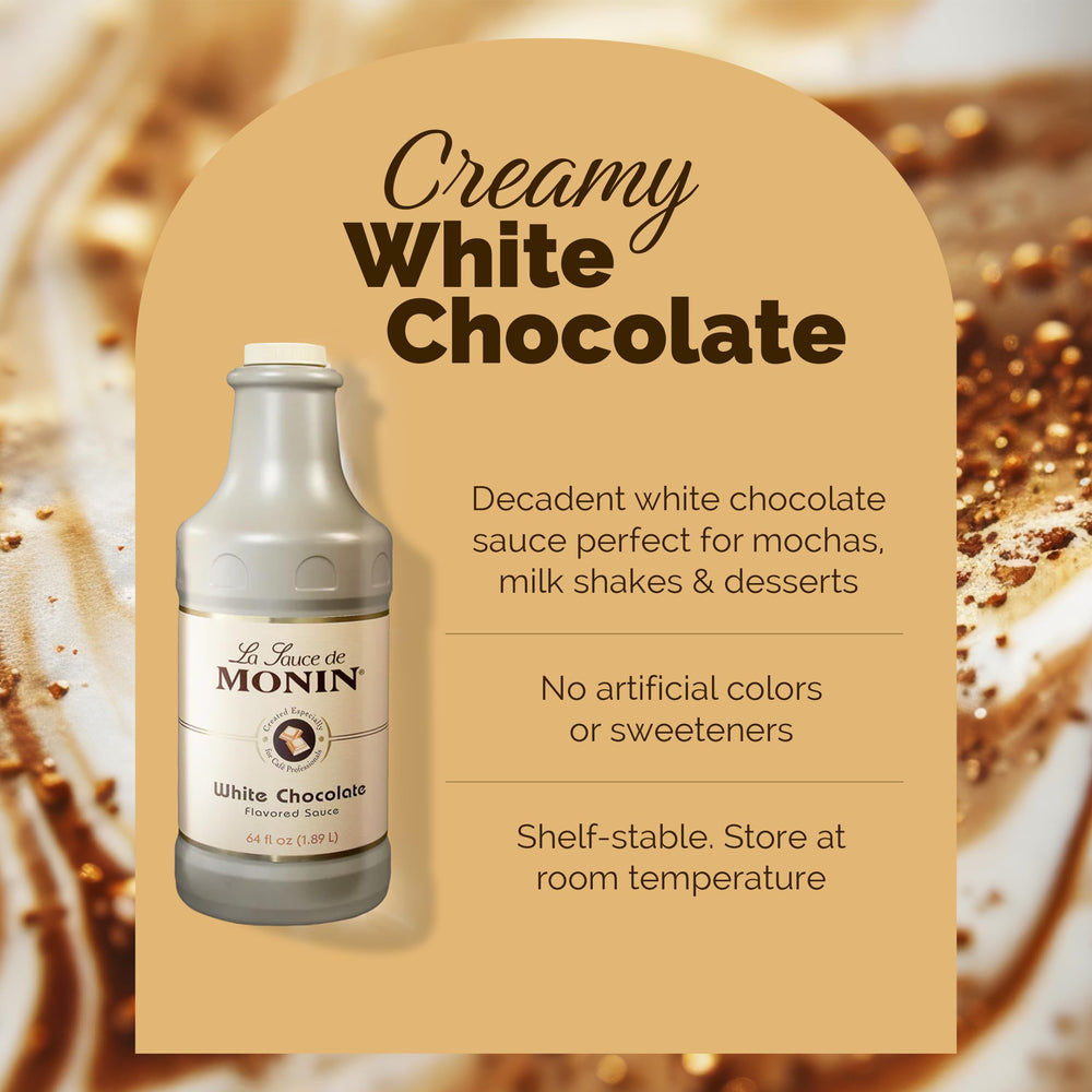 Monin White Chocolate Sauce dessert topping adds luxurious flavor to sweets.