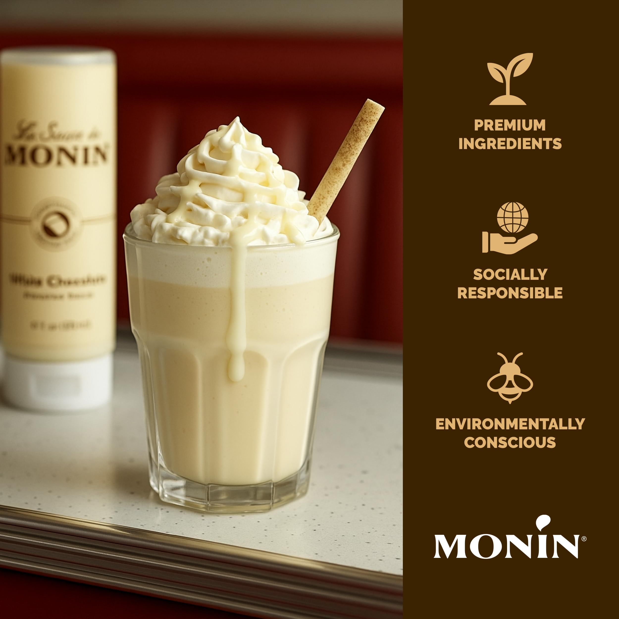 Monin White Chocolate Sauce fruit and nut pairings hint at gourmet combinations.