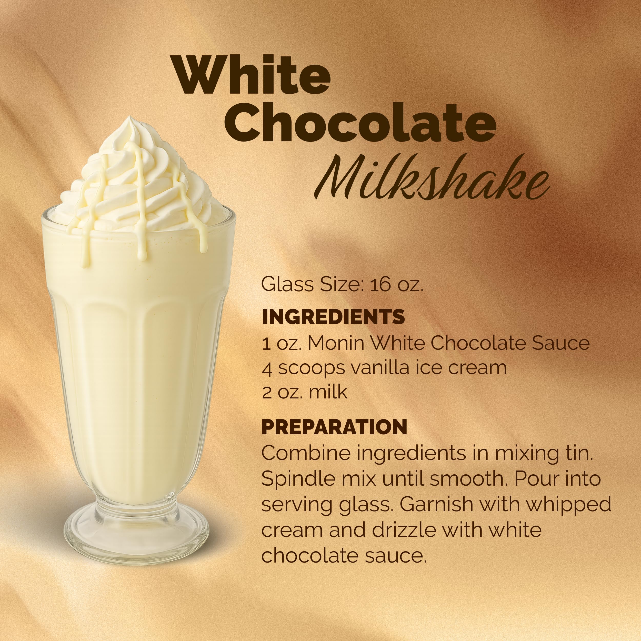 Monin White Chocolate Sauce glossy label emphasizes gluten-free and non-GMO appeal.