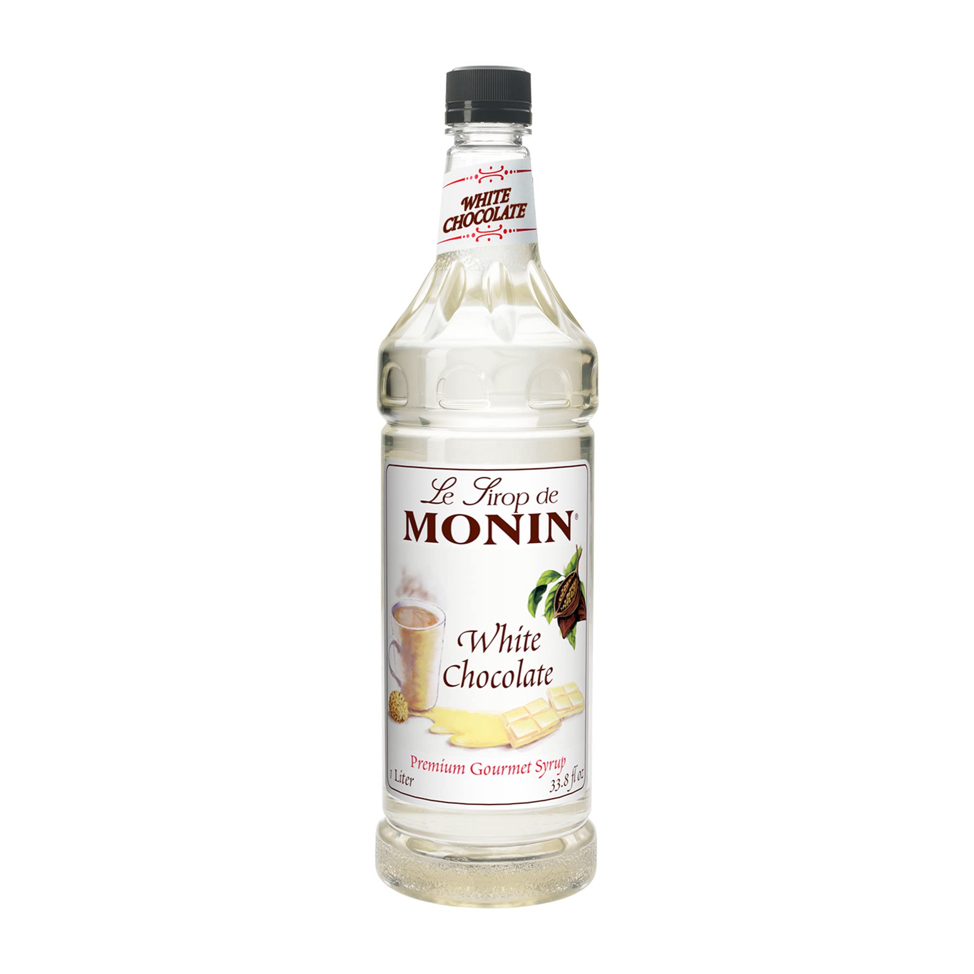 Monin White Chocolate Syrup bottle for hot and cold drinks.