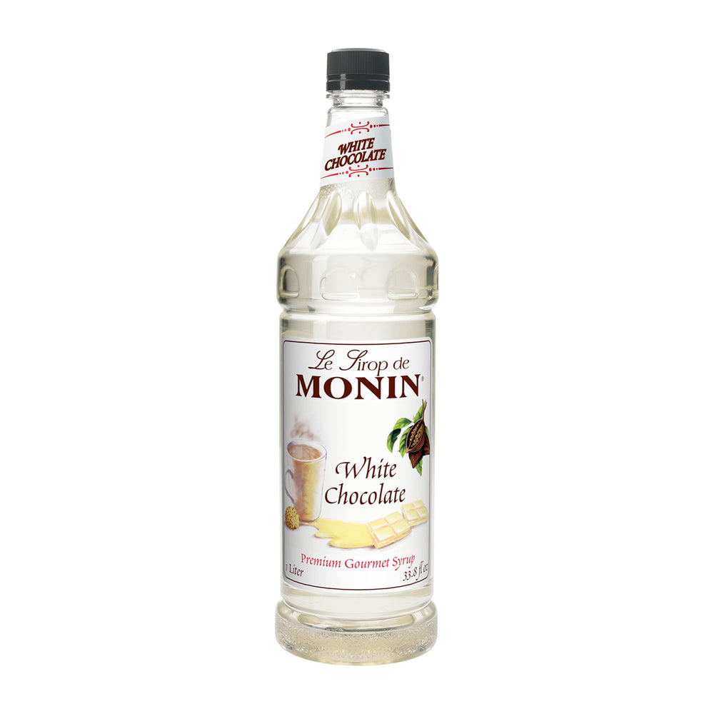 Monin White Chocolate Syrup bottle for hot and cold drinks.