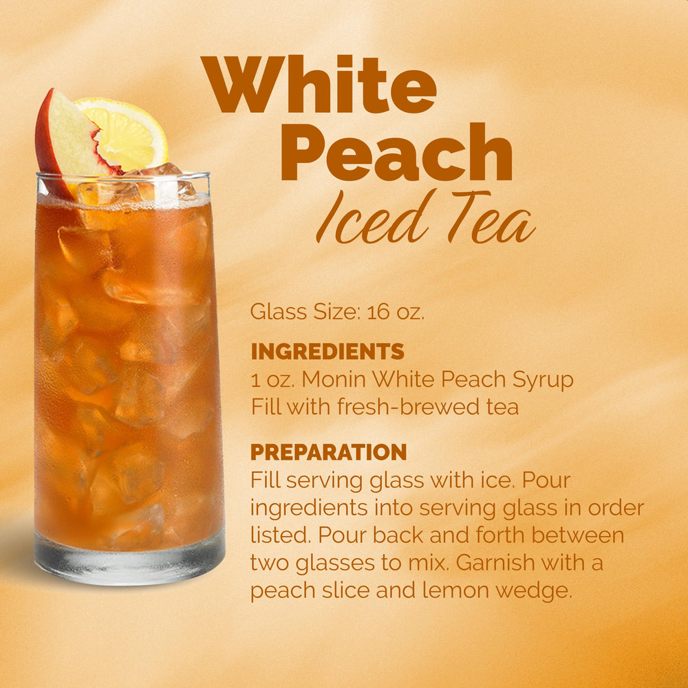 Monin White Peach 4-pack ready for beverages on a bar setup.