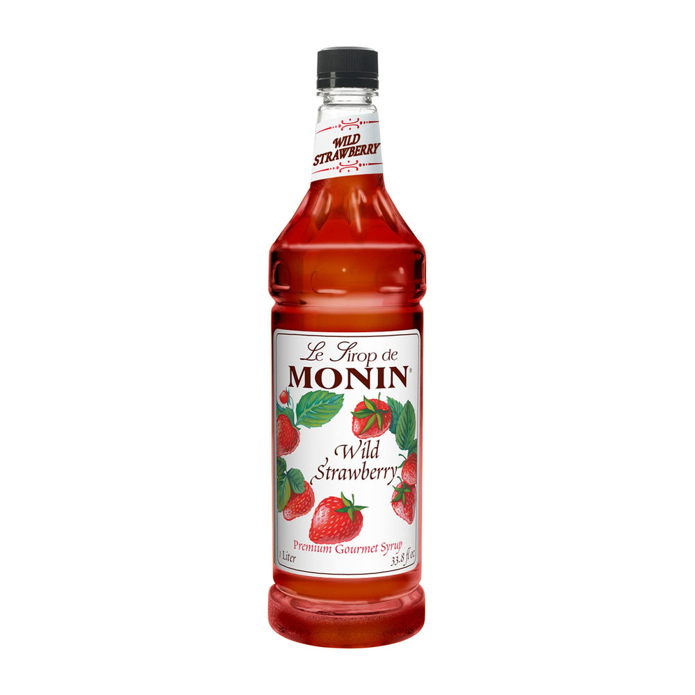 Monin Wild Strawberry Syrup bottle with candied berry aroma, ideal for drinks and desserts.