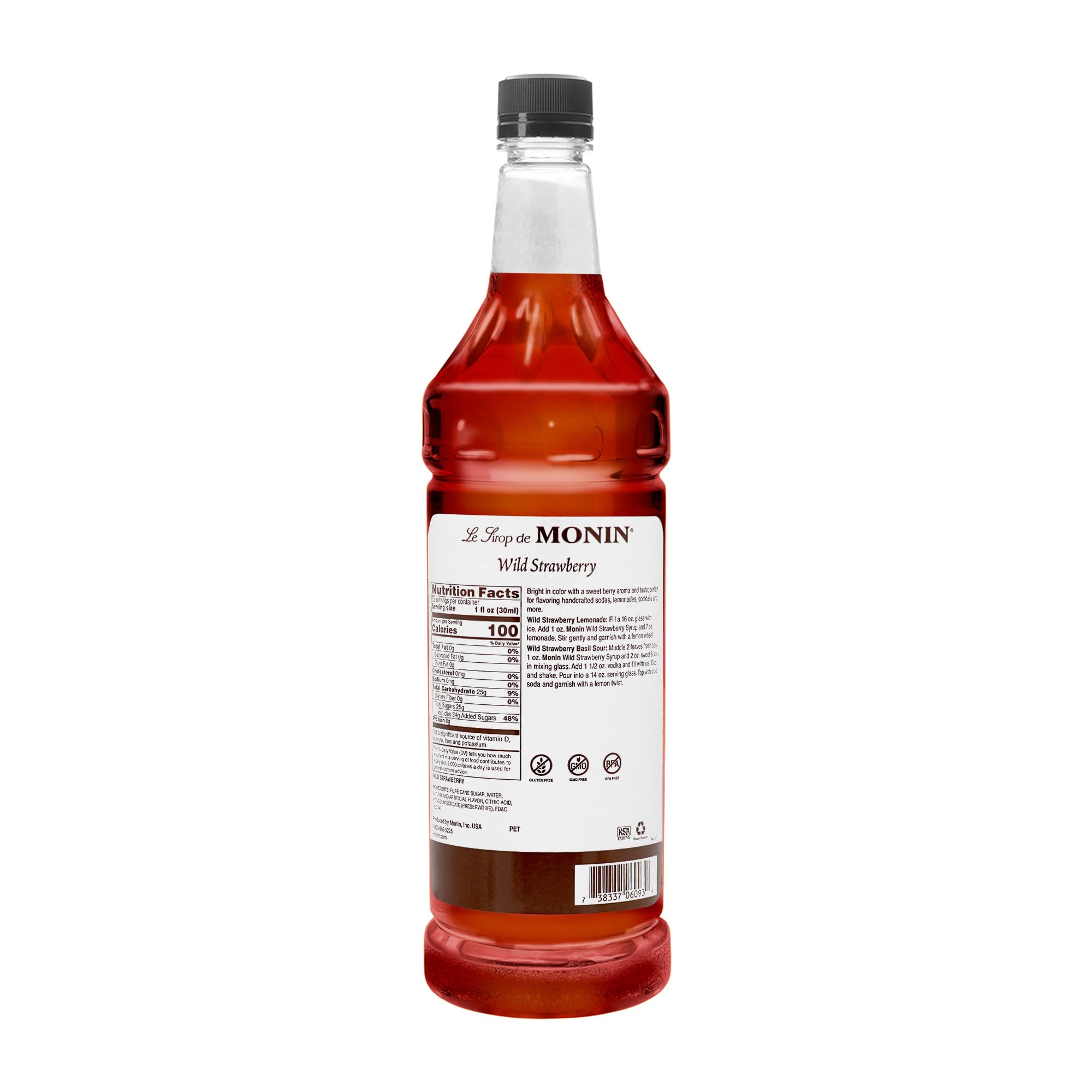 Monin Wild Strawberry Syrup pour delivers vibrant strawberry flavor for smoothies and cocktails.