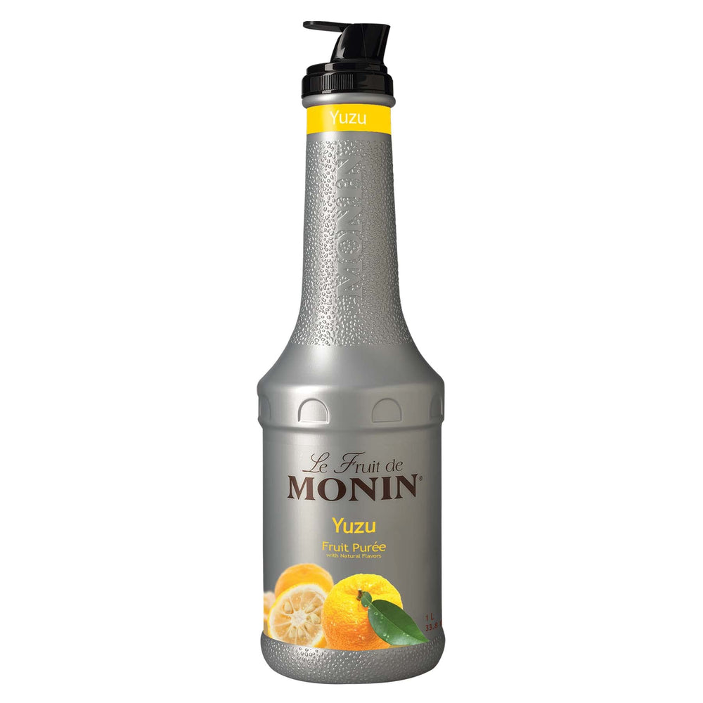 Monin Yuzu Purée bottle, vibrant orange color, ideal for cocktails.