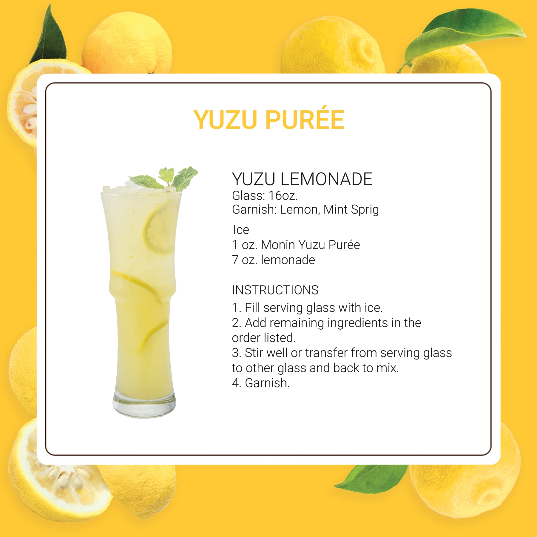 Monin Yuzu Purée logo close-up, highlighting clean label ingredients.