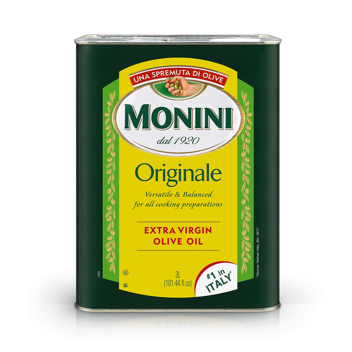 Monini Originale olive oil tin bottle pour ideal for dressings and finishing touches.
