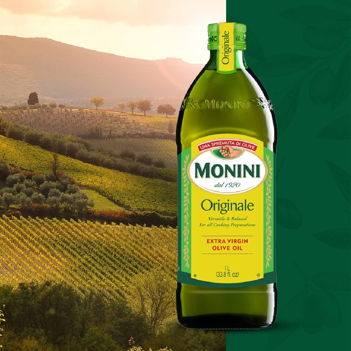 Monini Originale olive oil pour enhances salads and sauces with balanced flavor.