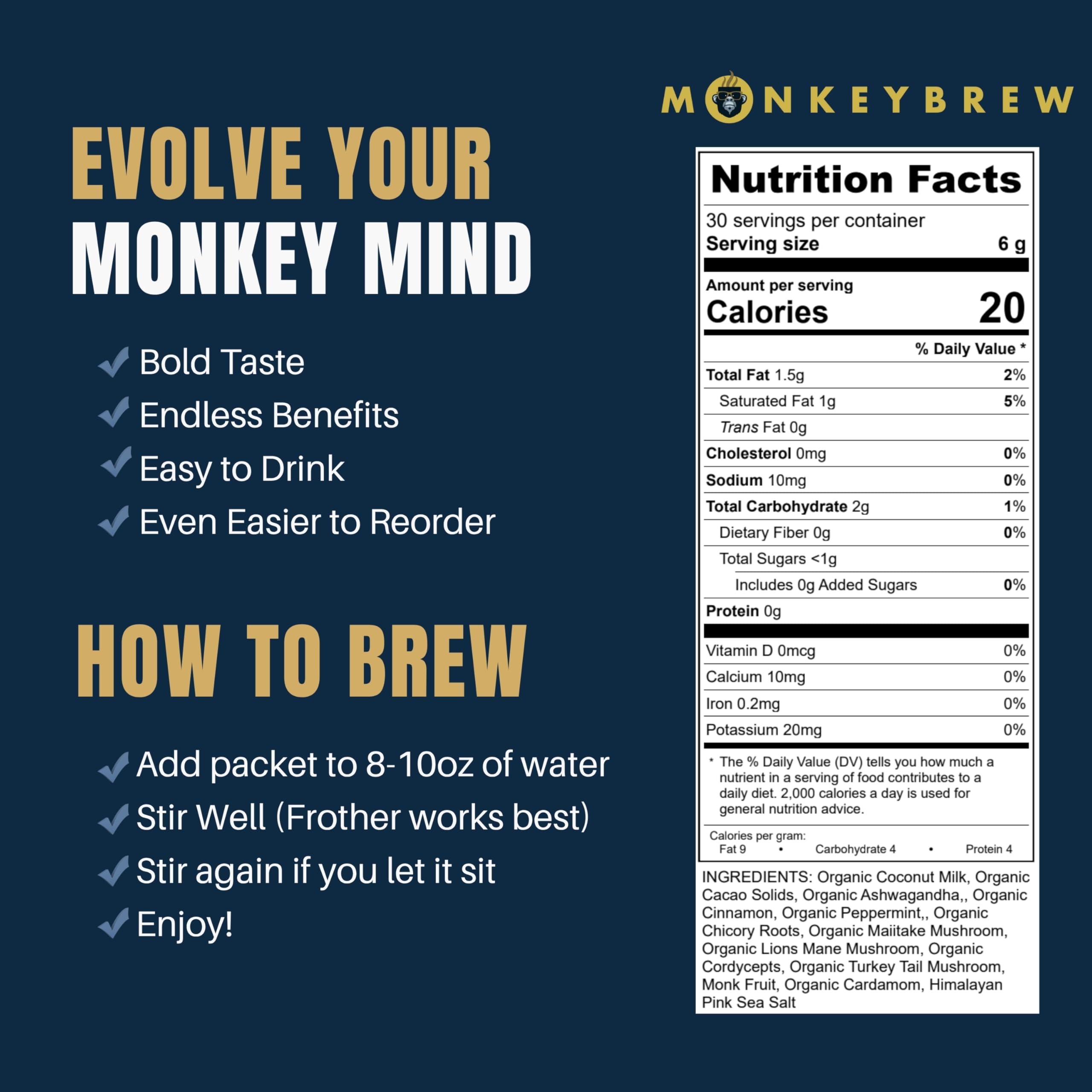 Organic ingredients list on Monkey Brew Original label