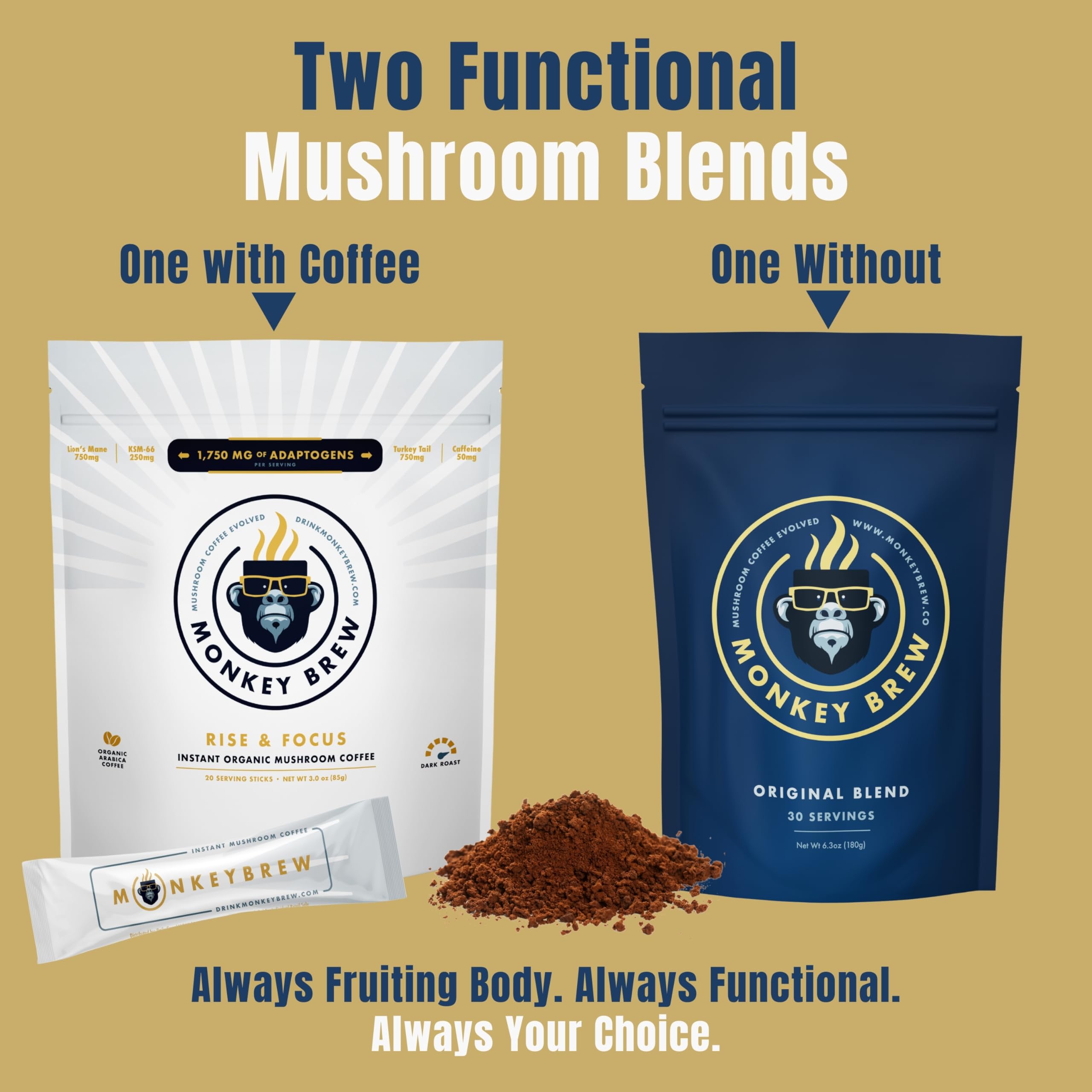 Monkey Brew Rise & Focus featuring KSM-66 Ashwagandha for stress balance