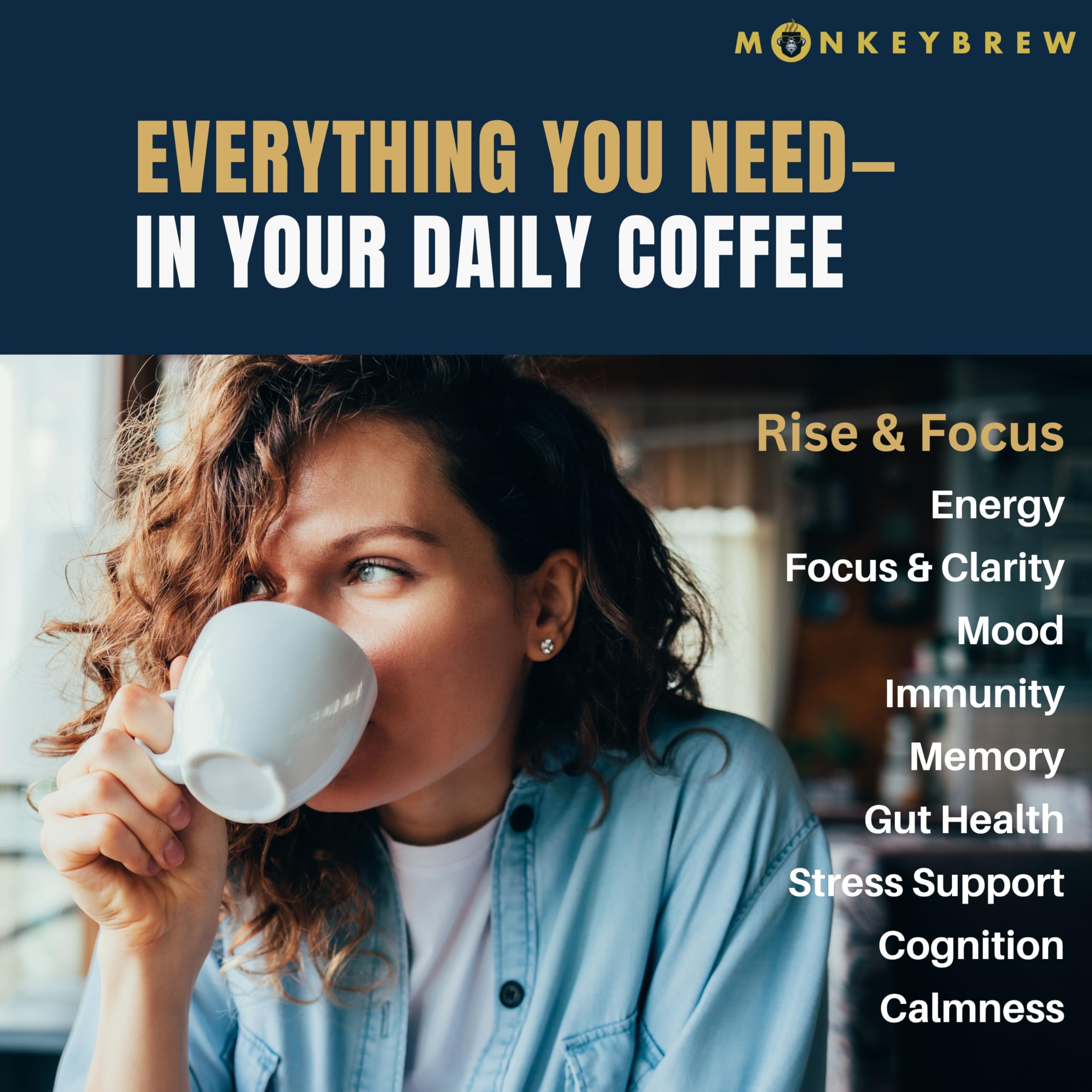 Monkey Brew Rise & Focus cup ready with smooth low-acid flavor for steady energy