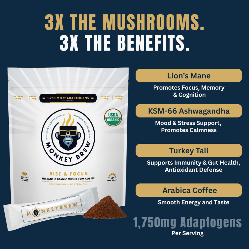 Scoop of Monkey Brew Rise & Focus ingredients showing 1,750 mg adaptogens for daily resilience