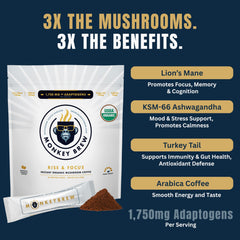 Scoop of Monkey Brew Rise & Focus ingredients showing 1,750 mg adaptogens for daily resilience