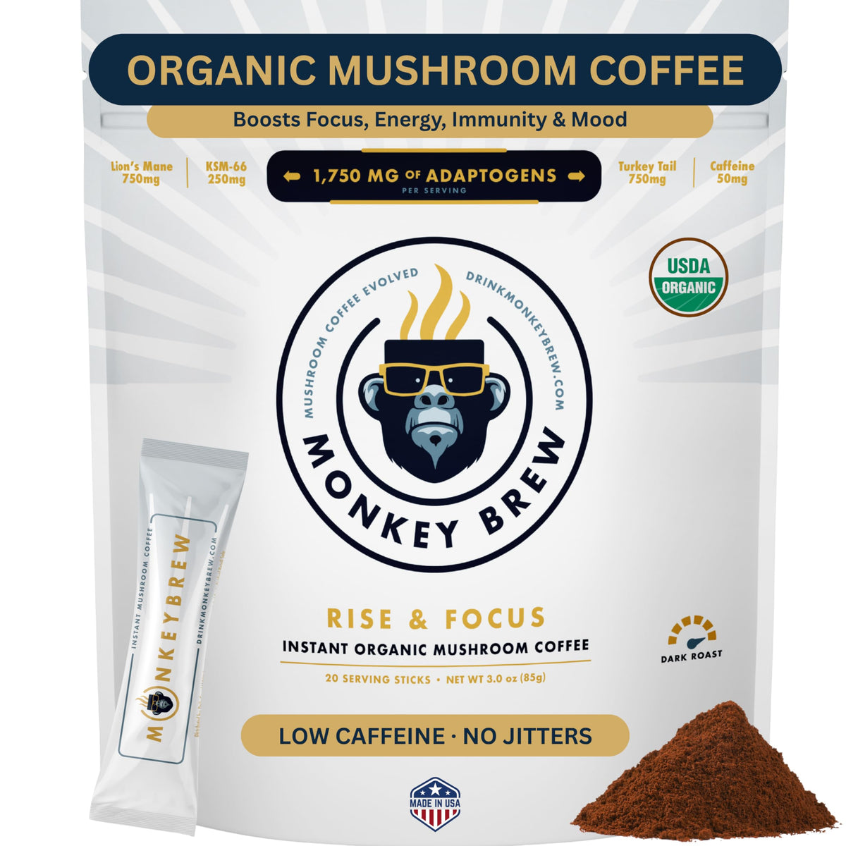 Monkey Brew Rise & Focus packaging on display for organic mushroom coffee; focused mornings