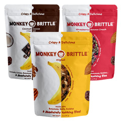Monkey Brittle Original banana-crisp; a crunchy plant-based snack for lunchboxes.