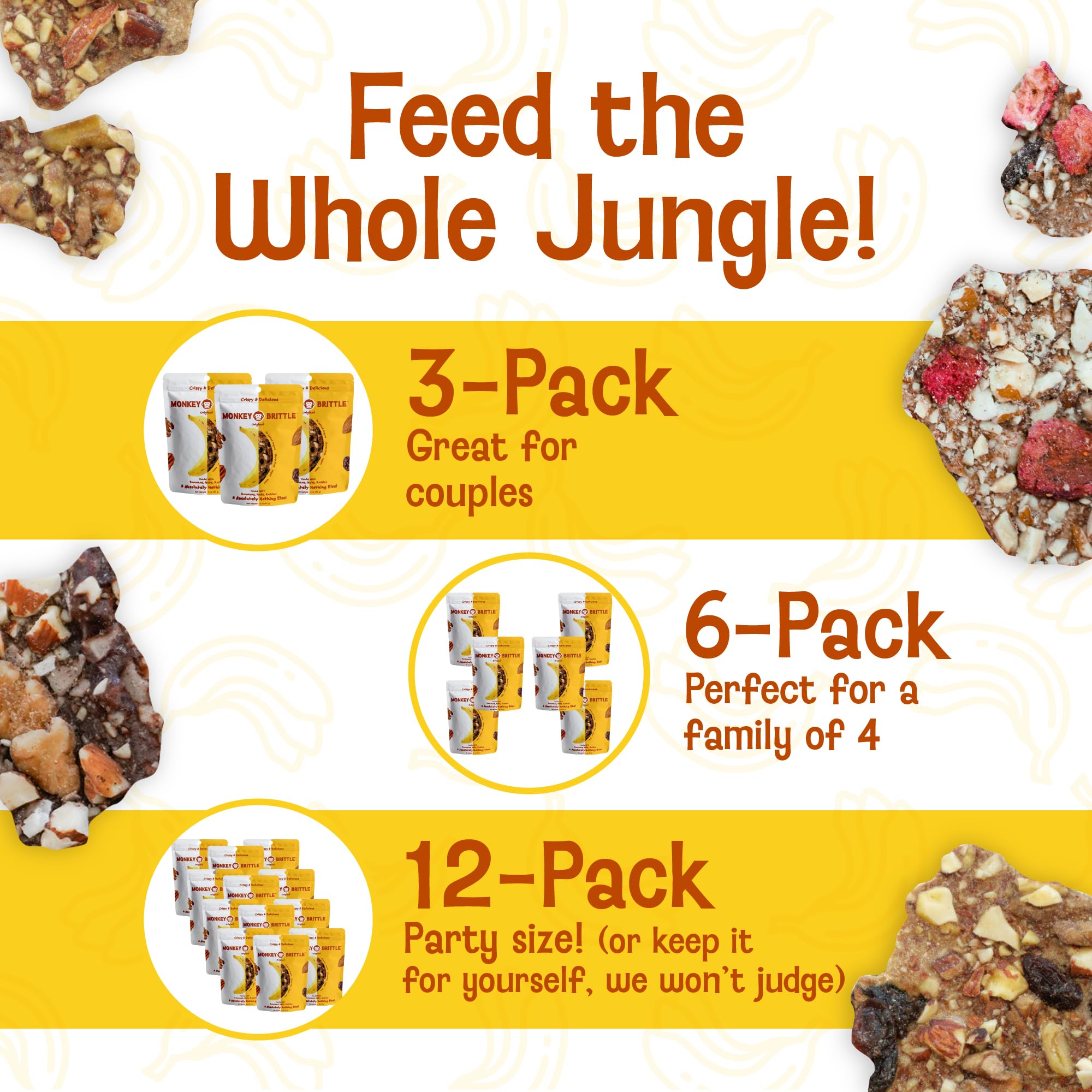 Monkey Brittle Pack Three Combo; three flavor variety for tastier snacking.