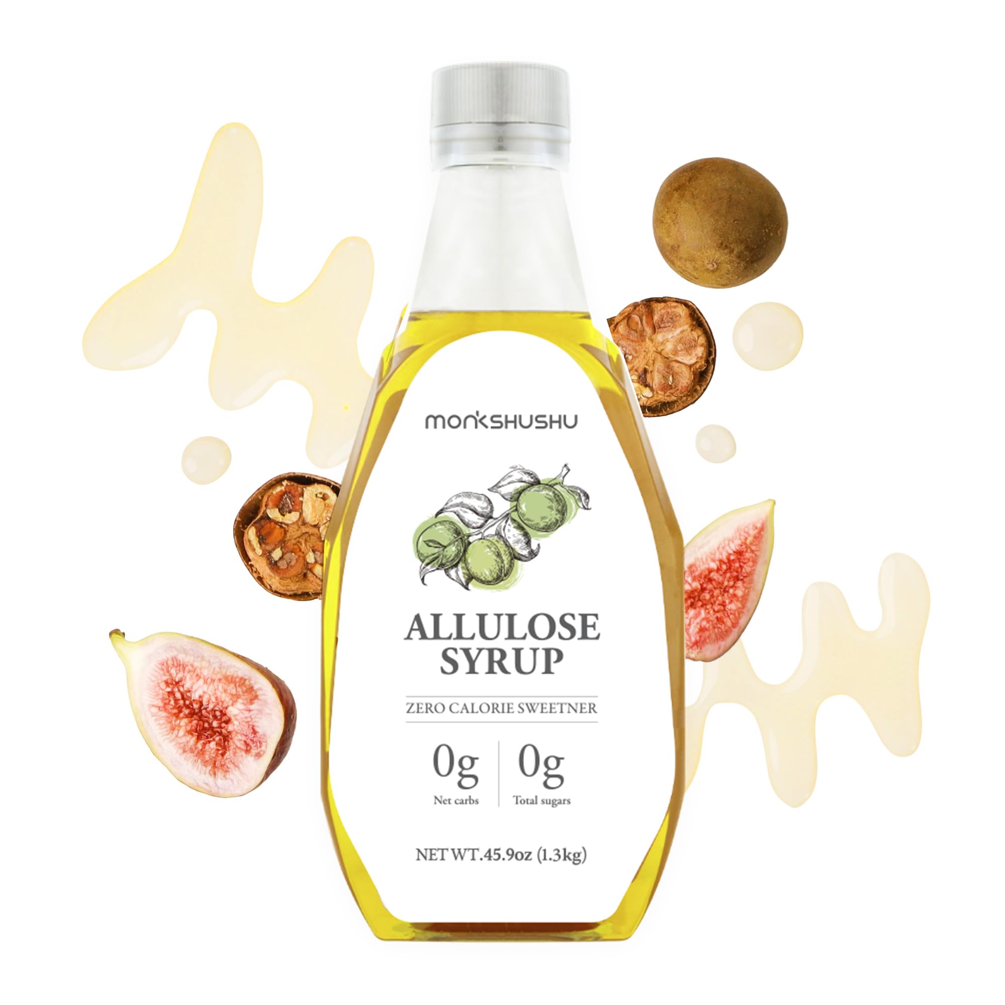 MONKSHUSHU Allulose Syrup bottle close-up highlighting sugar-like sweetness without calories