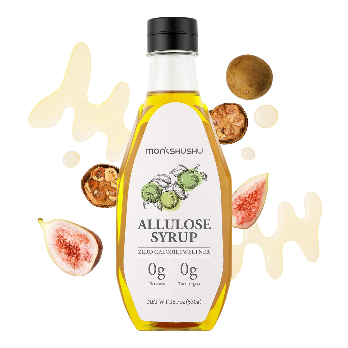 MONKSHUSHU Allulose Syrup bottle front showing zero-calorie sweetness.