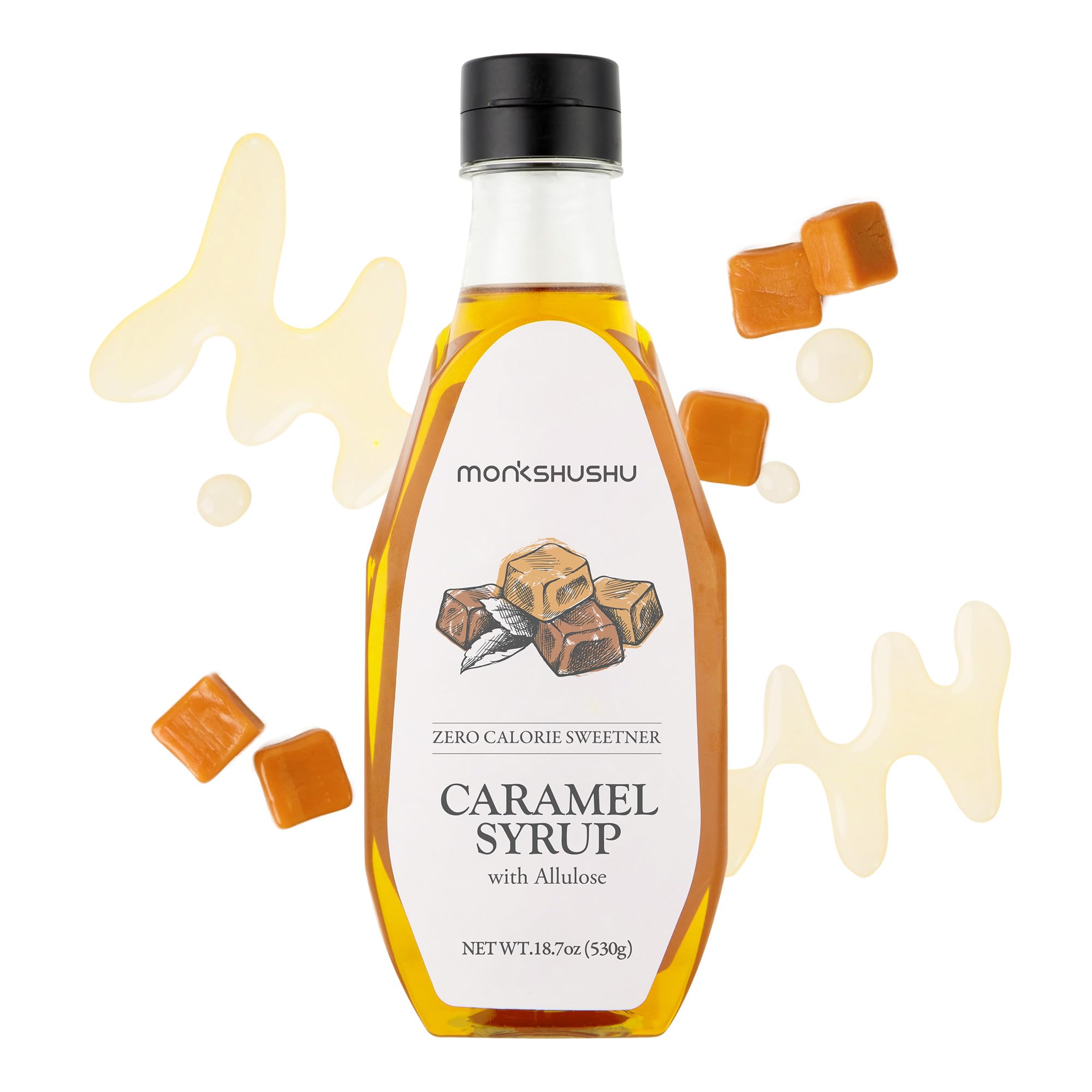 MONKSHUSHU Caramel Allulose Syrup bottle for keto-friendly sweetness in coffee and desserts