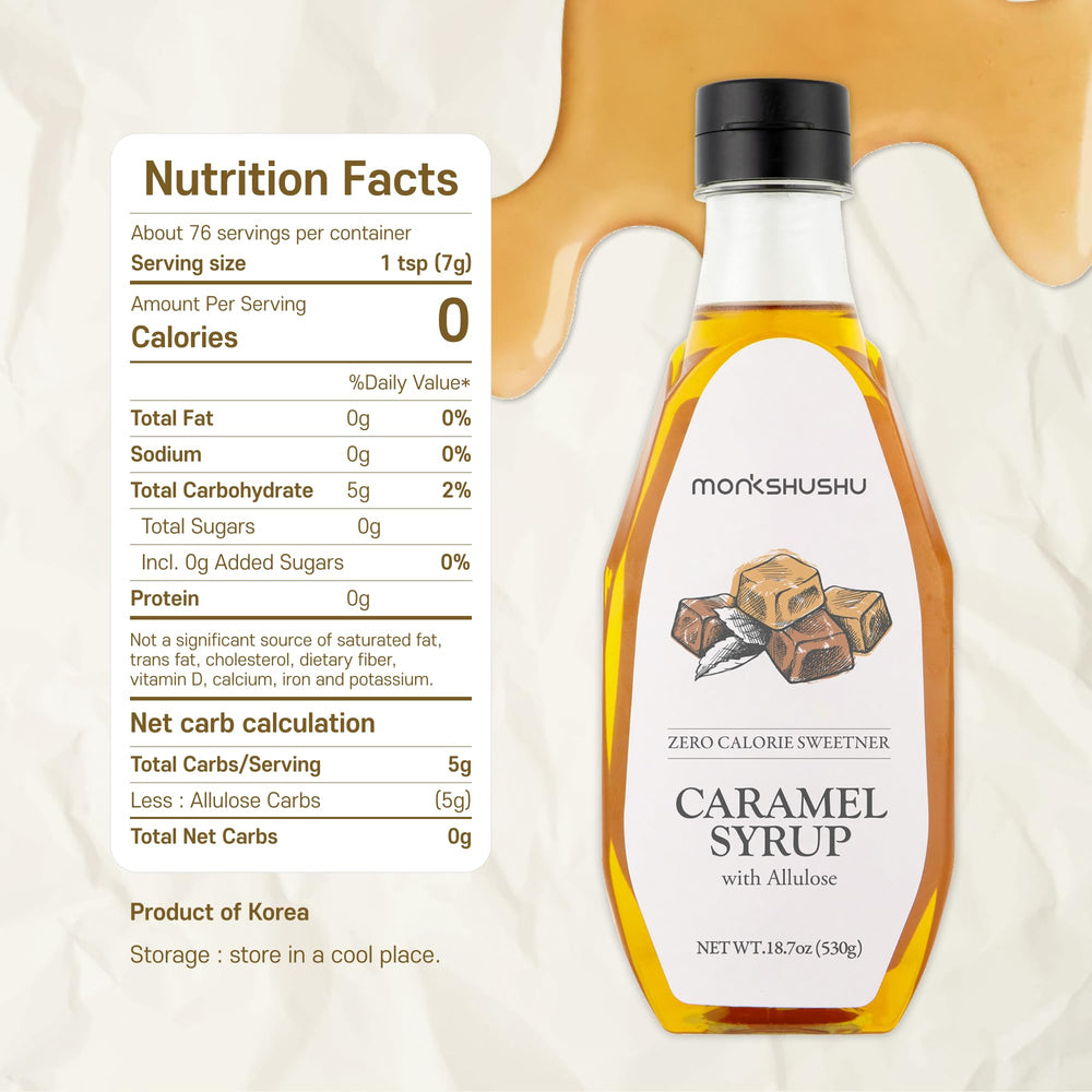 Pouring MONKSHUSHU Caramel Allulose Syrup shows zero-calorie sugar substitute for drinks