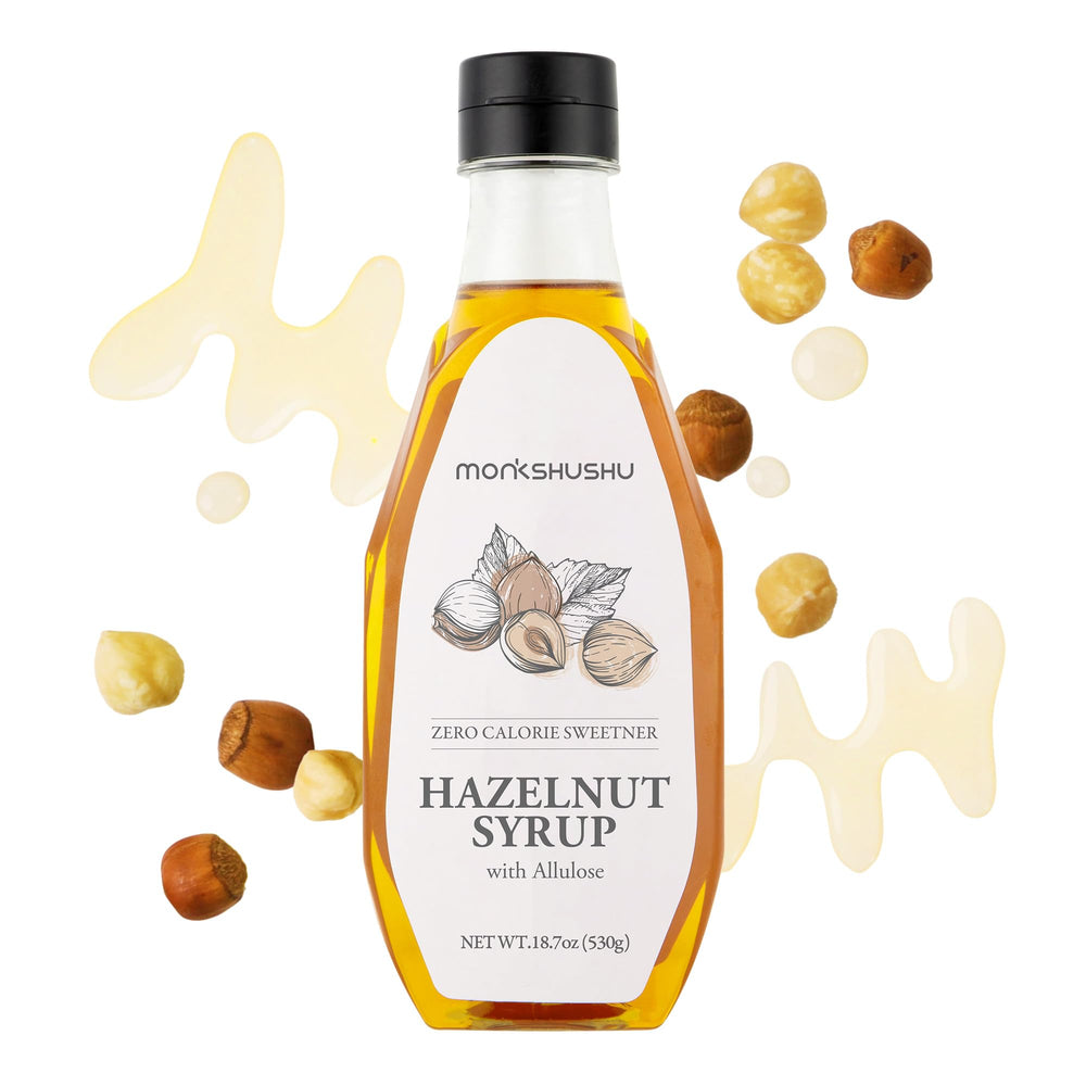 MONKSHUSHU Hazelnut Allulose Syrup bottle adds zero-calorie flavor for keto and vegan diets.