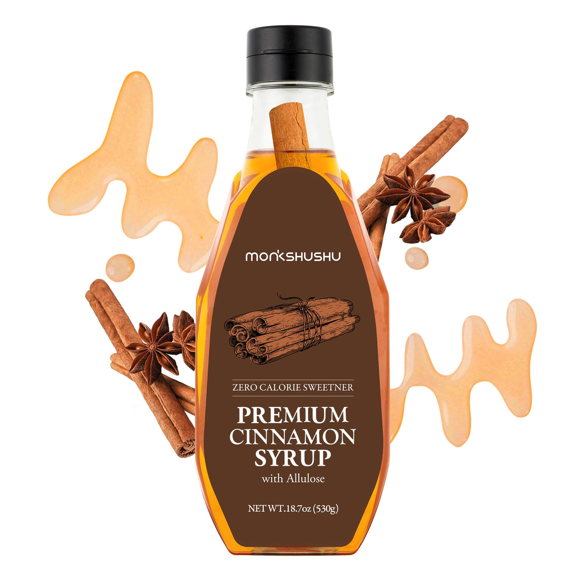 MONKSHUSHU premium cinnamon allulose syrup bottle showcases zero calories for coffee.