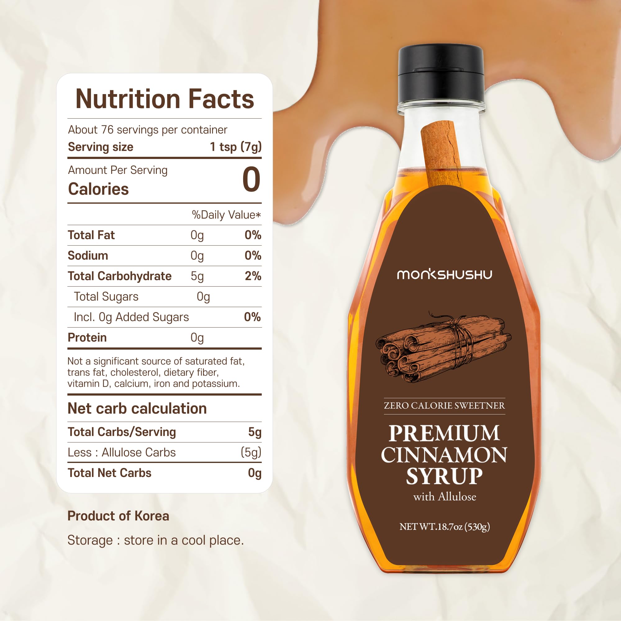 MONKSHUSHU Cinnamon Allulose Syrup pours into coffee for natural cinnamon aroma.
