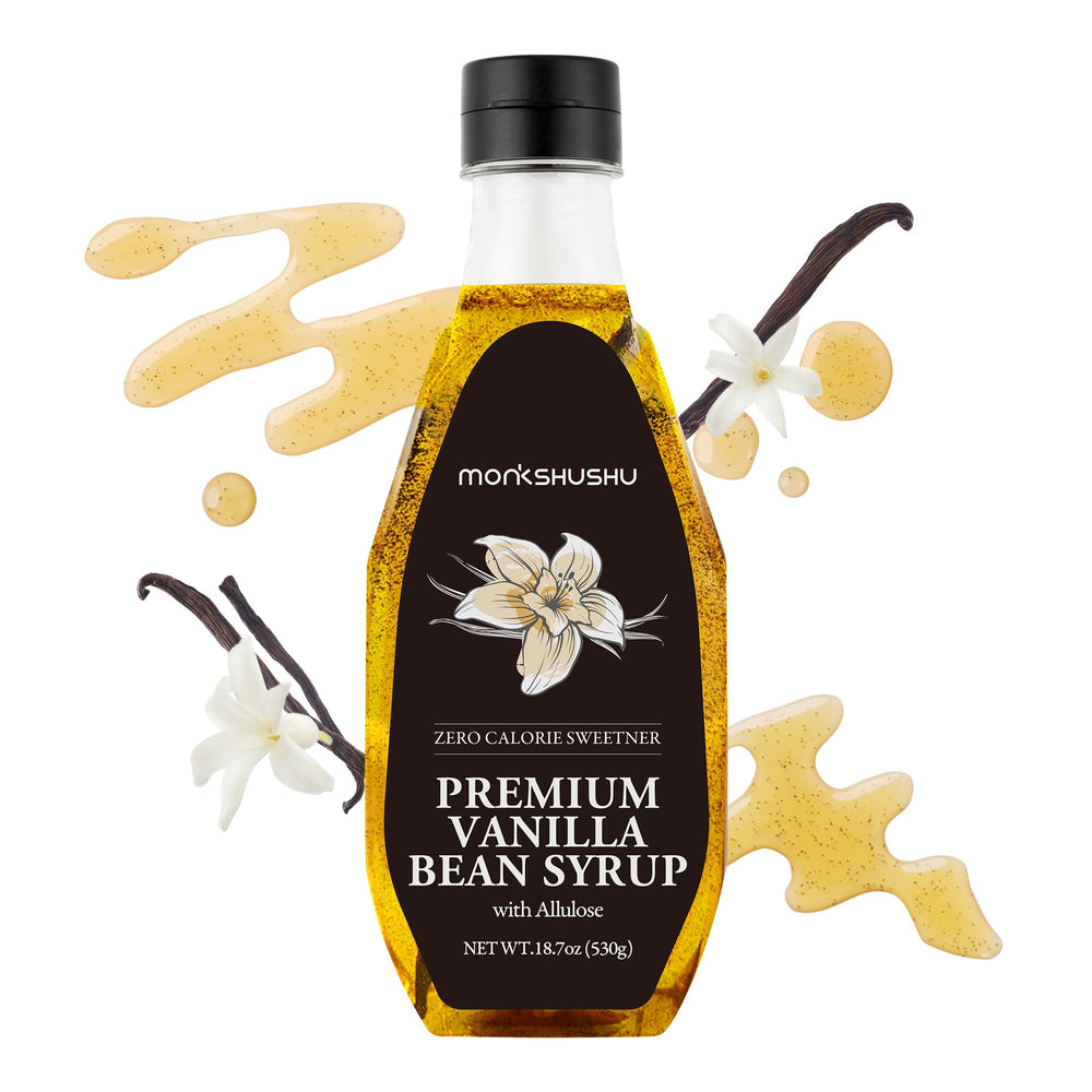 MONKSHUSHU premium vanilla bean syrup bottle for keto-friendly sweetening in coffee.