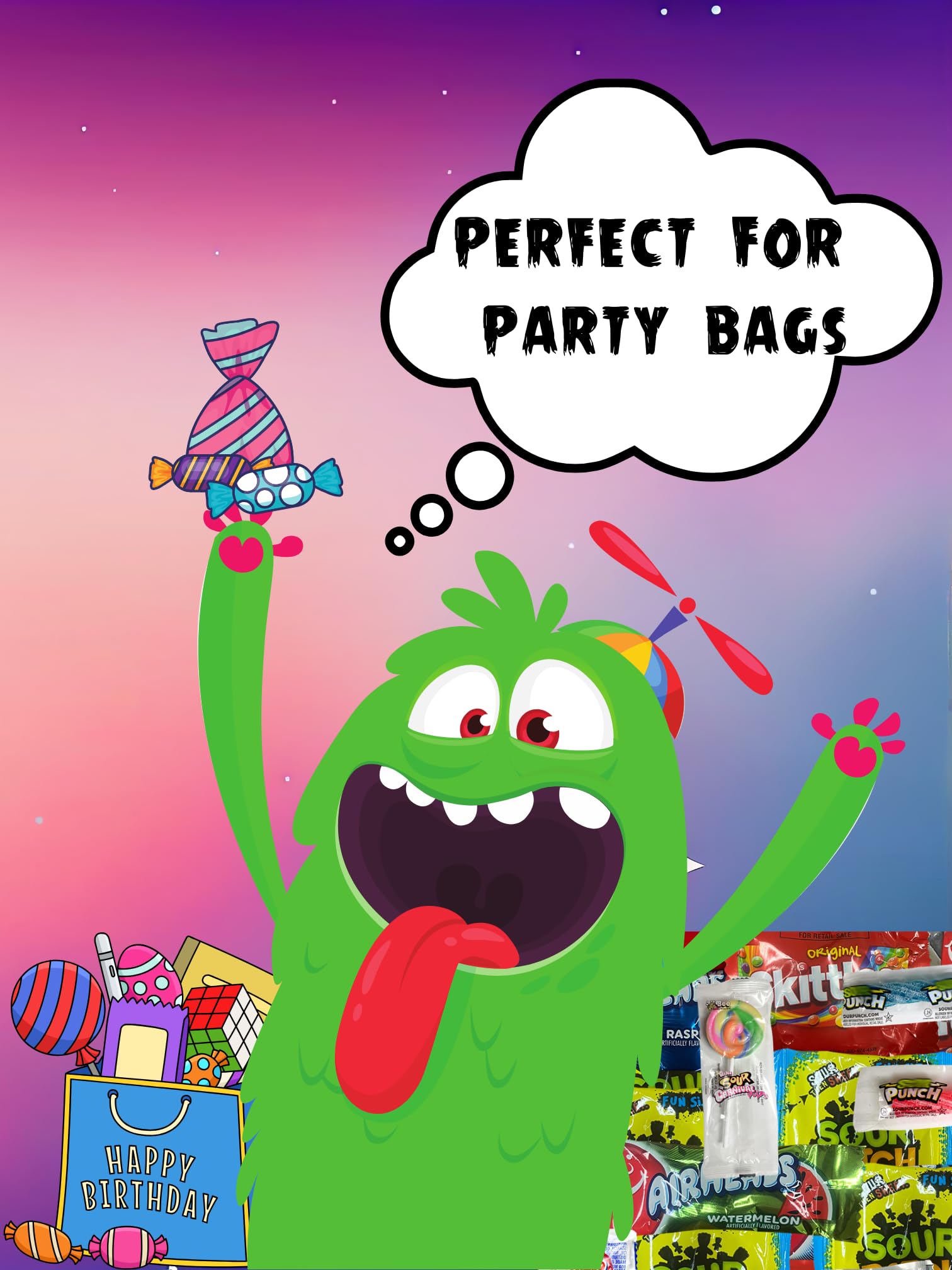 Monster Candy individually wrapped candies stay fresh and easy to distribute at parties.