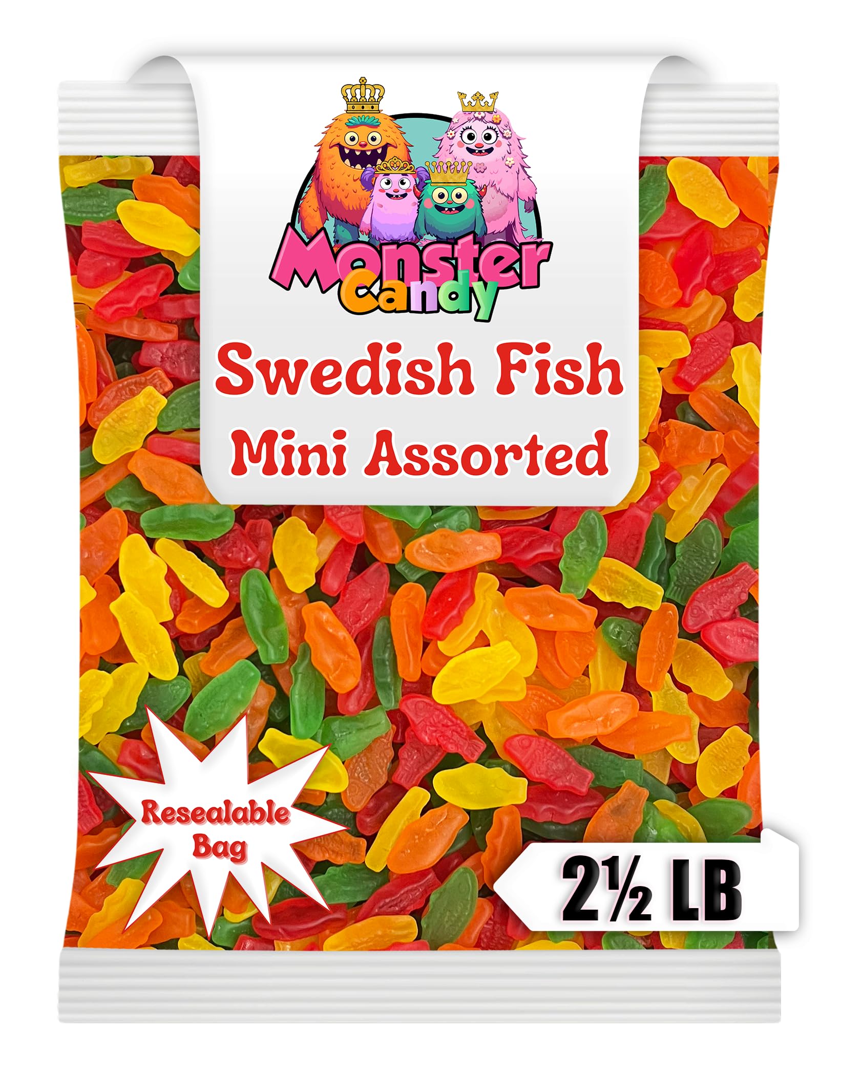 Monster Candy Swedishs Fish bulk in resealable bag for easy sharing.